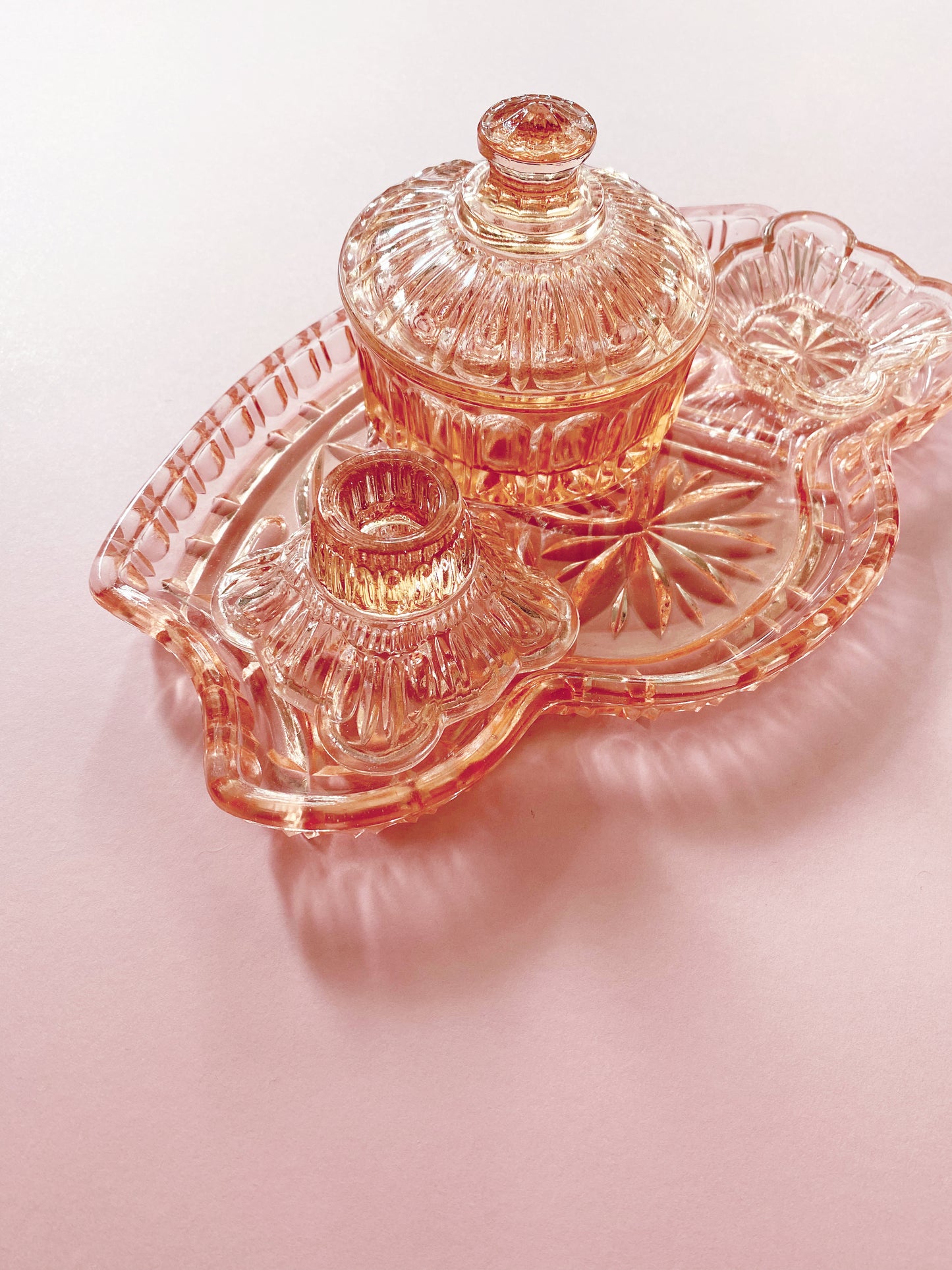 Peach Pink Art Deco Glass Vanity Set